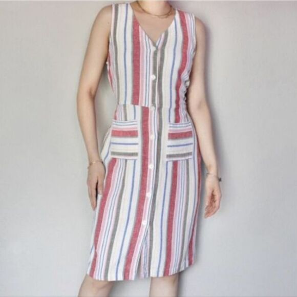Linen Striped Sleeveless Button Down Sun Dress - Picture 3 of 10